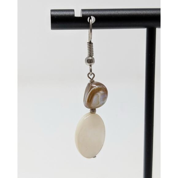 Silver Tone White Iridescent Bead Dangle Boho Pierced Earrings - Picture 2 of 6